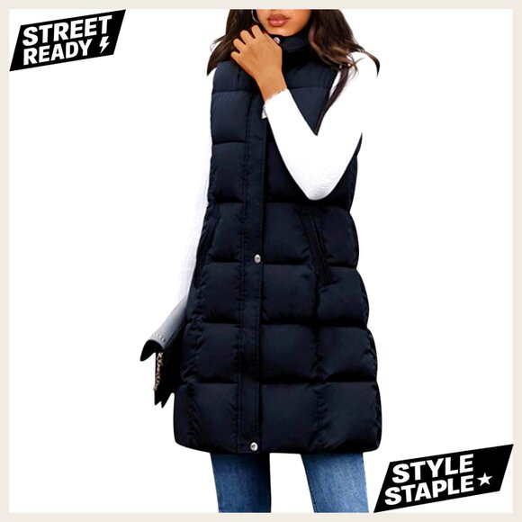 Long Puffer Vest Sleeveless Hooded Down Alternative Outerwear